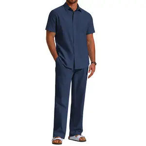 COOFANDY Men's 2 Piece Linen Beach Outfits Short Sleeve Button Down Shirts Loose Pants For Men