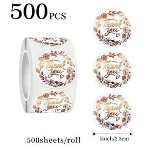 500pcs Rose Gold Thank You Self Adhesive Stickers 2.5cm Round Floral Pattern Decorative Sealing Labels for Wedding Party Birthday Gifts Packaging