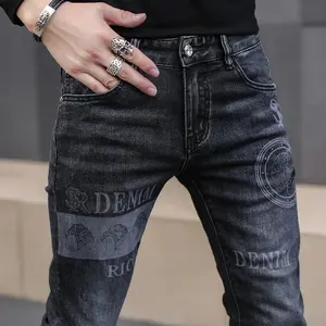 Men’s Black High-Street Fashion Slim-Fit Printed Stretch Denim Jeans – Autumn Casual Biker Style, Premium Quality