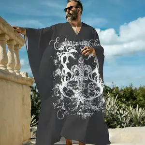 Men's Loose V-Neck Pullover Black Background Abstract Art Print Caftan, Modern Geometric Brushstroke Beach Cover Up, Breathable Short Sleeve Resort Lounge Sleep Shirt for Men