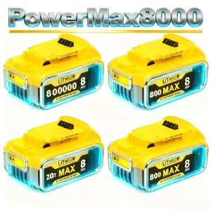 2-Pack 8000mAh Lithium-Ion Replacement Battery for Dewalt 20V MAX DCB200/DCB206/DCB204/DCB180 XR Tools - Full Series Compatibility, Overcharge Protection