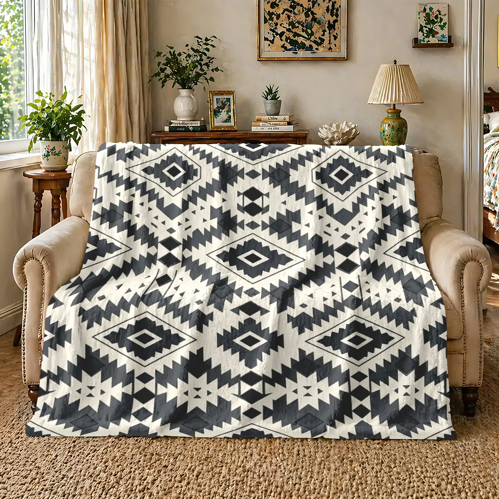 Navajo Geometric Heritage Flannel Throw Blanket - Black White Ethnic Tribal Diamond Zig Zag Design, Soft Cozy Warm Rustic Charm Throw, Minimalist Gift for Him/Her, Boho Bedroom Couch Decor, Heritage Flannel Throws, Rustic Charm Throws holiday