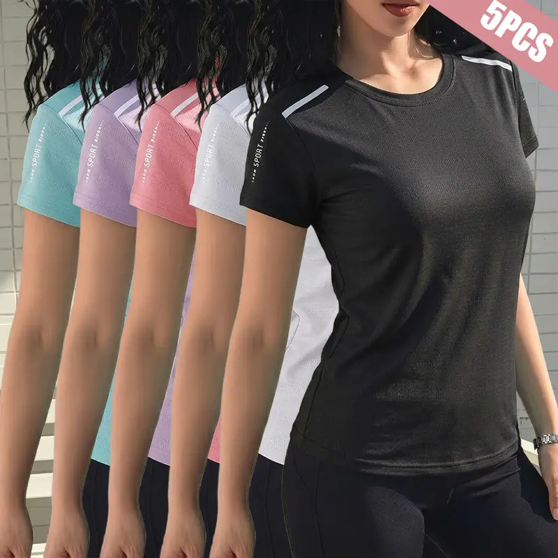 Women's 5-Pack Quick-Dry Short-Sleeve T-Shirts, Gym Workout Apparel, Athletic Casual Gym Clothes Women, Suitable for Fitness, Hiking