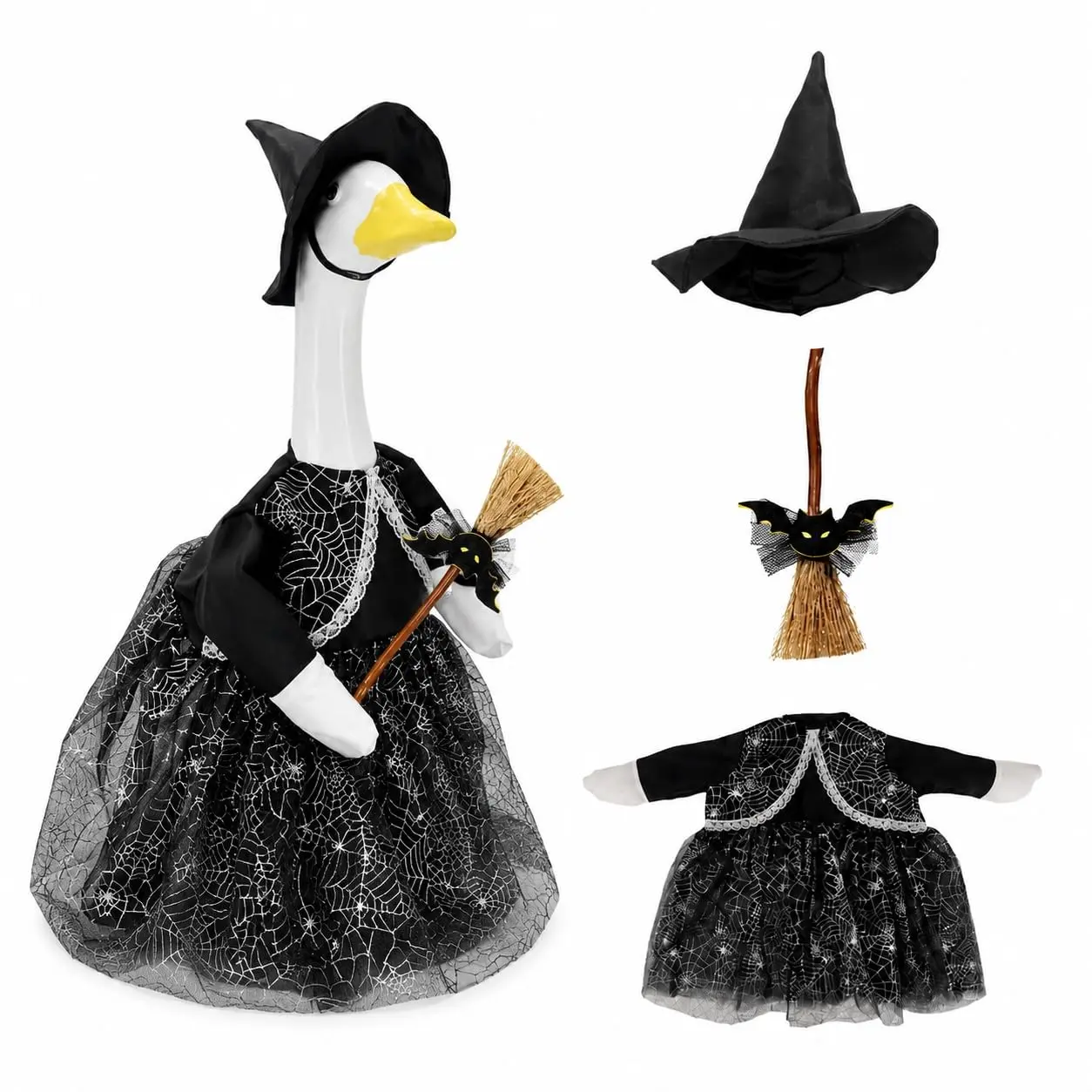 Halloween Porch Goose Outfits for 23'' Lawn Geese Statue, Witch Porch Goose Clothes with Black Spiderweb Dress Witch Hat Broom, Outdoor Garden Goose Costume Accessories for Halloween Patio Yard Decor