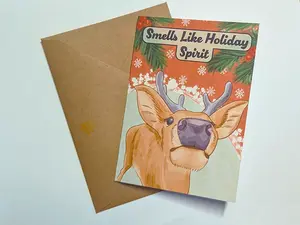 Smells Like Holiday Spirit Card - Cute Reindeer Card - Handmade Card - Christmas Card - Made with Climate Friendly Paper