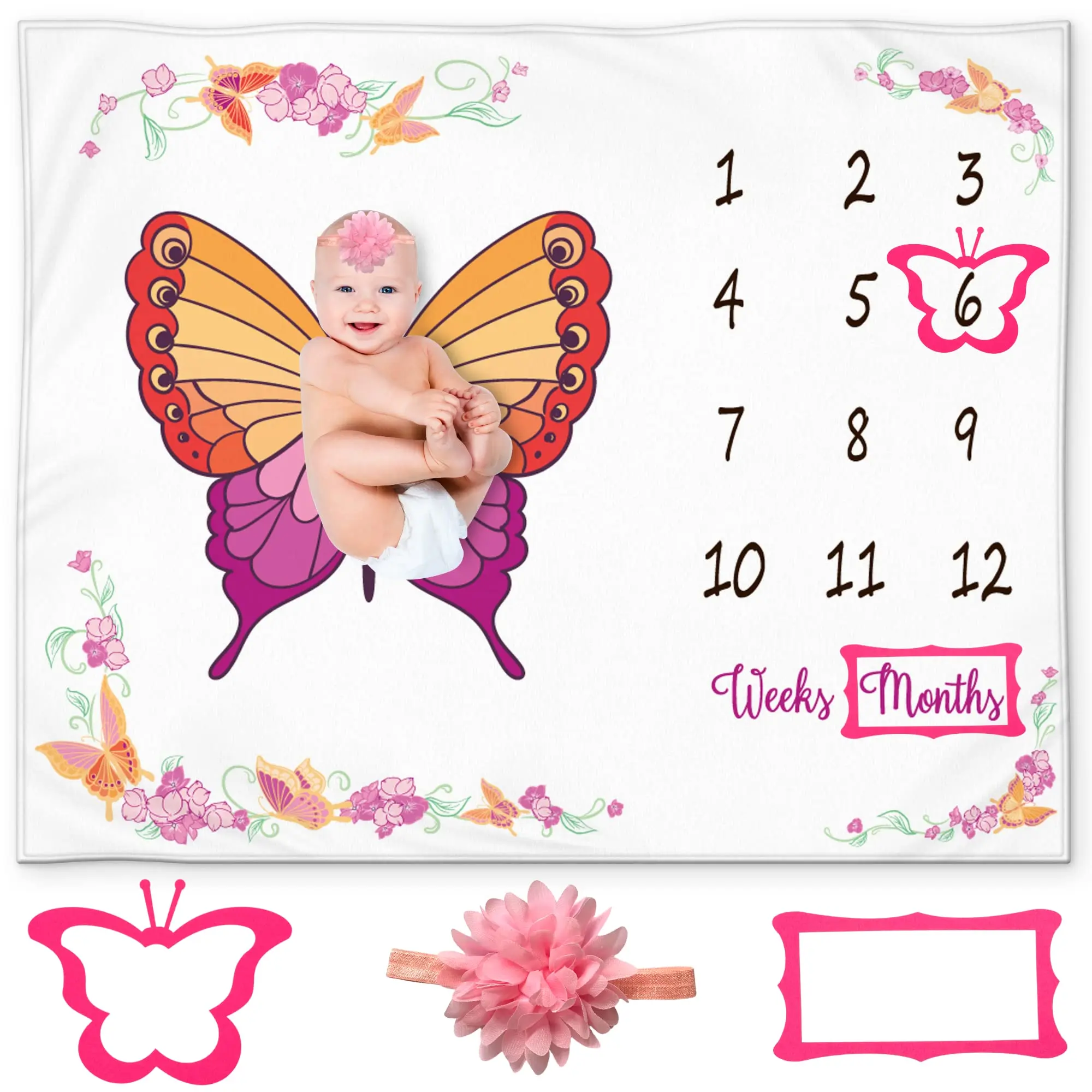 Baby Milestone Blanket - Butterfly Wings Monthly Milestone Blanket for Girls, 50x40 Inches, Soft Fleece, Includes Butterfly Marker, Floral Props