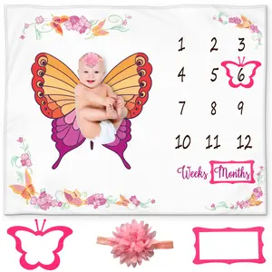 Baby Milestone Blanket - Butterfly Wings Monthly Milestone Blanket for Girls, 50x40 Inches, Soft Fleece, Includes Butterfly Marker, Floral Props