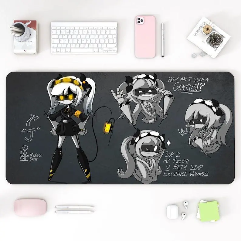 N Murder Drones Mousepad, Concept Art Inspired by Uzi, V, and J, Unique Artwork for Murder Drones Fans, Large Desk Mat