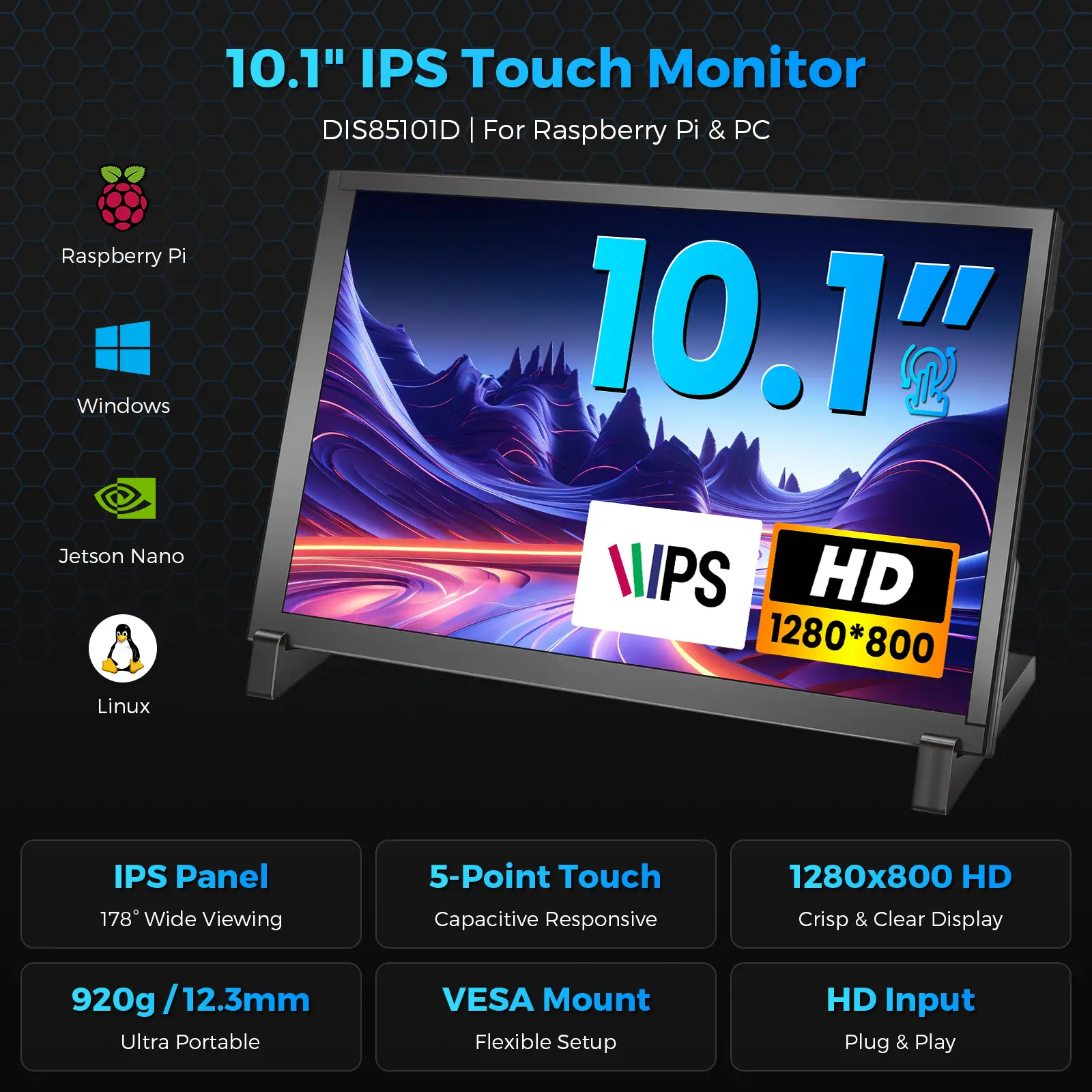 ELECROW 10.1-Inch Portable Capacitive Touchscreen Monitor, 1280x800 IPS HD LCD Display with Stand, Compatible with Raspberry Pi 3/3B+/4B/5, Jetson Nano, PC, Windows, Beaglebone
