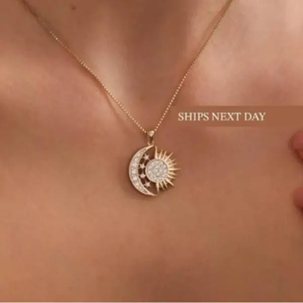 Sun Moon Necklace, Solar Eclipse Necklace, Celestial Sunshine Necklace, Crescent Moon Necklace, Stars Necklace, Sun Necklace