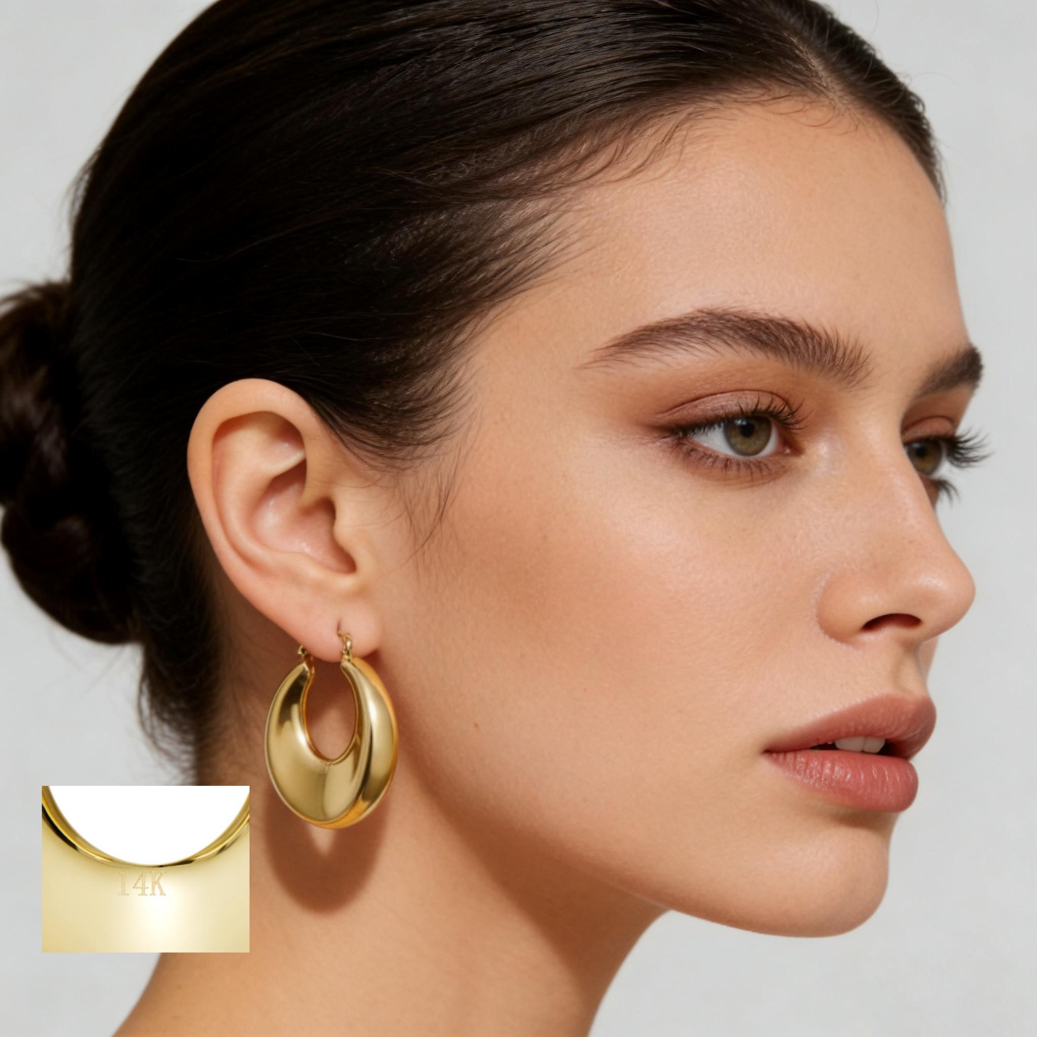 14K Real Gold Plated Chunky Hoop Earrings for Women Simple Handmade Hypoallergenic Gold Hoops Flatback Stud Earring Thick Hoops Trendy Jewelry
