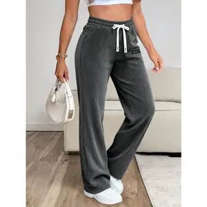 Women's Daily Essential Corduroy Pants: Drawstring Waist, Back Pockets & Lightweight Breathable Fabric for Versatile Wear