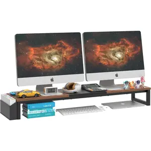 41.5'' Long Dual Monitor Stand Riser for 2 Monitors, Wood Computer Riser with Pocket, Desktop Organizer with Pen Holder, Desk Riser for Computer Laptop TV, Rustic Brown