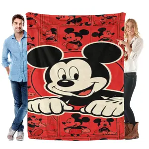 [SummerVibes] DISNEY CLASSIC Peeking Mickey Mouse Flannel Blanket - Soft Vintage Red Comic Panel Throw for Couch, Bed & Room Decor