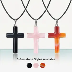 Hand Polished Natural Stone Cross Pendant Necklace, 20" Black Wax Cord Alloy Jewelry with Plain Finish, 40x28x7 mm Cross Shape Healing Crystal for Anxiety Relief, Baptism Gift for Christian Believers