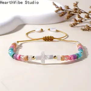HearthVibe Studio Women's Adjustable Sports Wristband - Pretty Bracelet with Pendant, 3mm Copper Beads, Semi-Precious Stone Spacers, Shell Cross, Peach Heart, Easter Blessing Card (Bohemian Style),summervibes