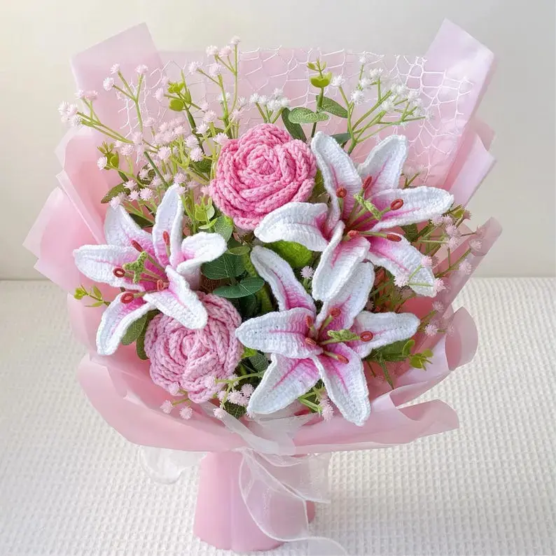 Crochet Lily Bouquet – Pink Stargazer Lilies, 3 Styles, Handmade Yarn Flowers