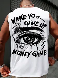 Men's Casual Vest, Graffiti Tear Eye Print, Money Game Slogan, Soft Comfortable Fabric, Retro Tattoo Style, Streetwear