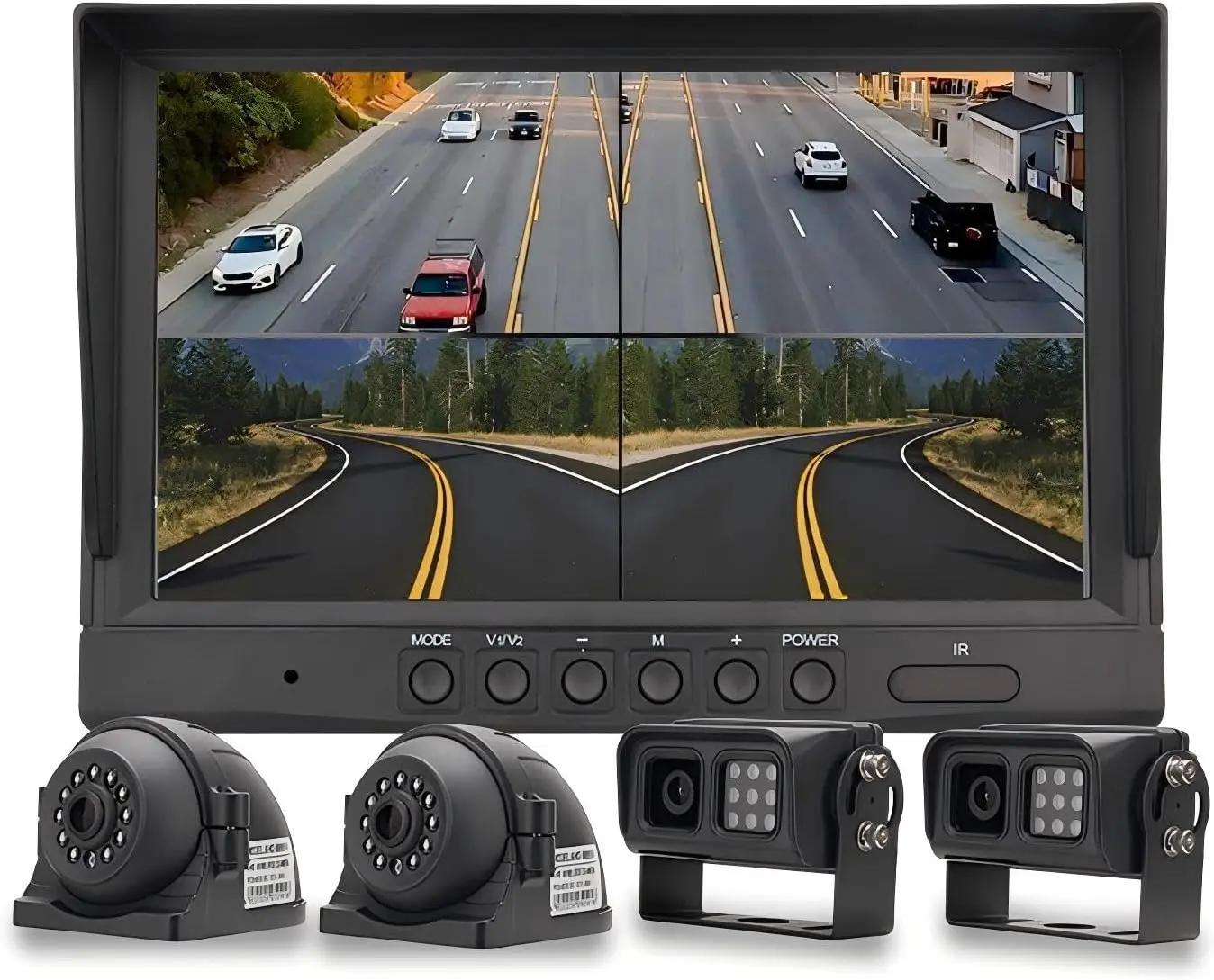 Car Backup Cameras System with 9'' Quad Split Monitor for RV Trailer Semi Truck Camper Bus & 4 AHD 1080P Rear&Side View Cameras with DVR Record Function Night Vision IP69 Waterproof