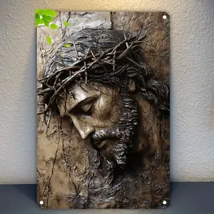 1pc 8x12 AluminiumJesus Embossed Metal Tin-Thorn Crown, Weathering Texture and Gentle Eyes of Spiritual Art Home and Office Classic Totem, Room Decoration