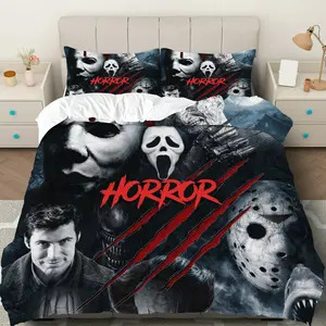 3PCS Duvet Cover Set, 1 Duvet+2 Pillowcases(Without filler), Horror Halloween Scary Movie Mask Dark theme, Halloween bedding set, Horror Design Suitable for decoration bedroom dorm room lounge living room.
