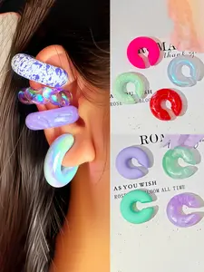 Macaron Color Resin Ear Cuffs Set, 4pcs Matte & Glossy Texture Earrings, Non-Pierced Ear Clips for Women, Casual Jewelry Accessories