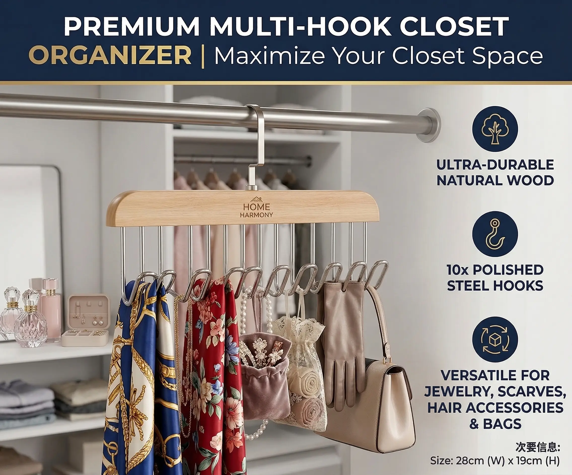 2 Pack Natural Wooden Tie Rack Hangers - 8 Hooks Wall Hanging Universal Mount Organiser, Space-Saving Indoor Use Home Laundry Accessory with Simple Look for Ties, Belts