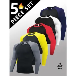 5 Pack Men's Long Sleeve Shirts Moisture WickingSweatproof Sunscreen Men's Quick Dry Breathable ColorBlock slim Long Sleeve T Shirt, Outdoorfun,Comfortable High StretchBase Layer Men's Outdoor Jogging, Fitness ActivityTopS