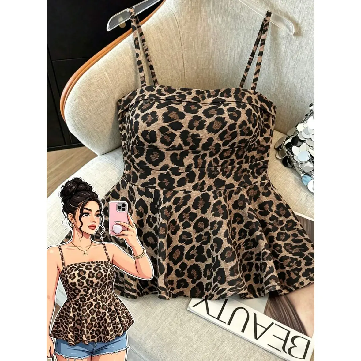 Large-Sized Woven Elegant Summer Women's Halter Tops And Vests Cheetah Top Animal Print Top Leopard Top Tops For Women Sexy Cami Tops