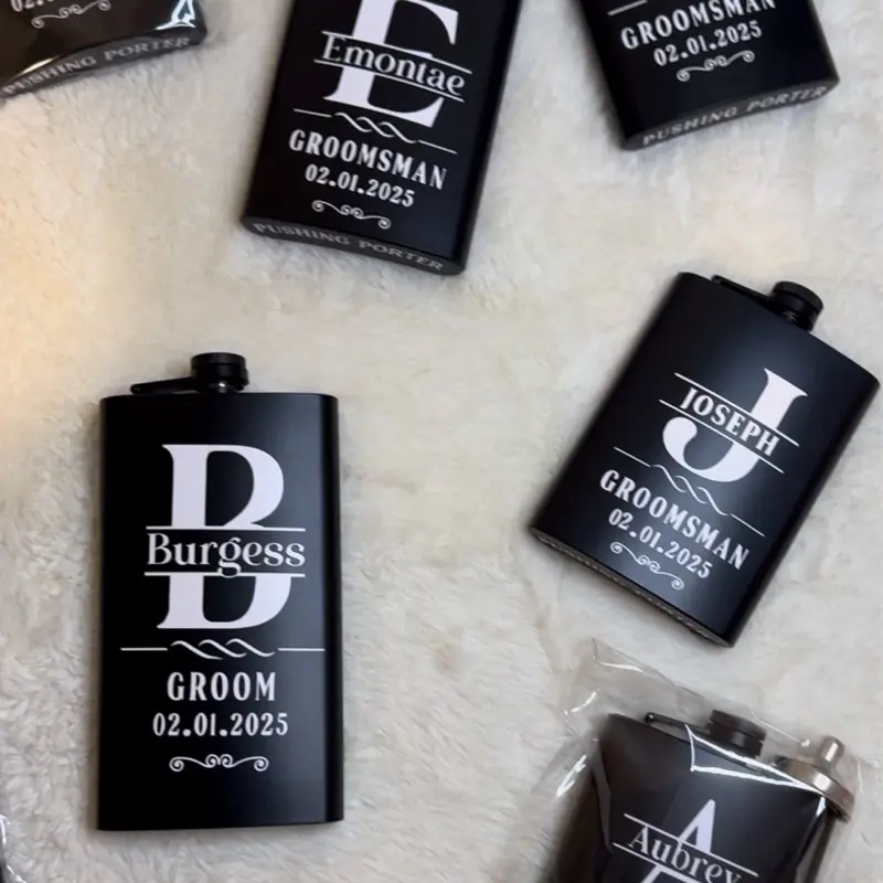 Custom Black Flask - Groom Design, Black Color, Ideal for Drinkware