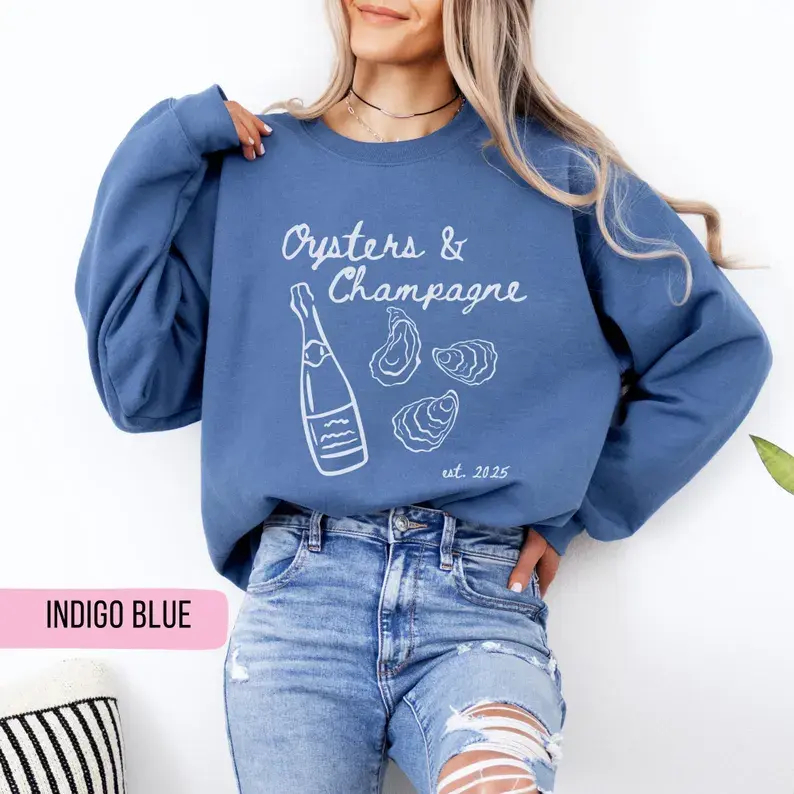 Oysters Champagne Sweatshirt, Crewneck, Seafood, Gift, Bubbly Apparel