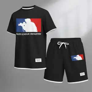 Men's Major League Infantry Print Drawstring Shorts Set For Spring/Summer. A Casual Summer Outfit, Including A Short-Sleeved Shirt And Shorts, Suitable For Everyday Wear And Sports. A Two-Piece Set For A Relaxed And Energetic Lifestyle.