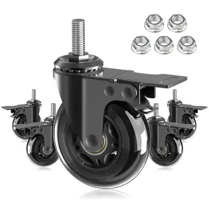 5 Pack 3" Caster Wheels with Safety Dual Locking,Heavy Duty English 3/8"-16 UNC Bolt,Rubber Castors with Brakes,Threaded Stem Mount,360  Swivel,Protection of Hardwood,Carpet,Tile Floor