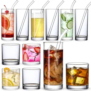 [ 12 Pack ] Glass Cups with Glass Straws, 12oz Highball & Rock Drinking Glasses, Everyday Drinkware Glasses Set, Cute Tumbler Cup, Kitchen Glasses for Iced Coffee, Water, , ,  .