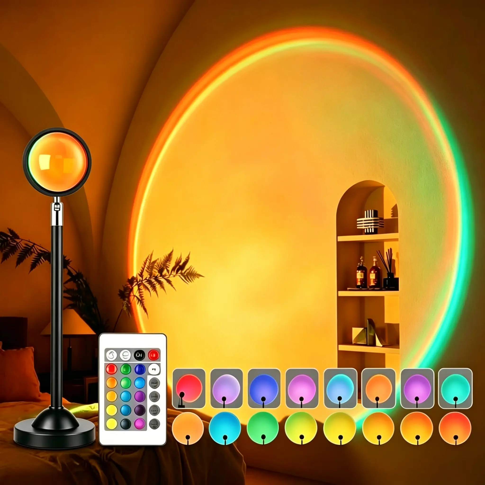 RGB Sunset Projector Lamp with Remote – 16 Color Changing 360° Rotation LED Light, Golden Hour Ambient Lighting for TikTok Selfie, Bedroom & Party Decor