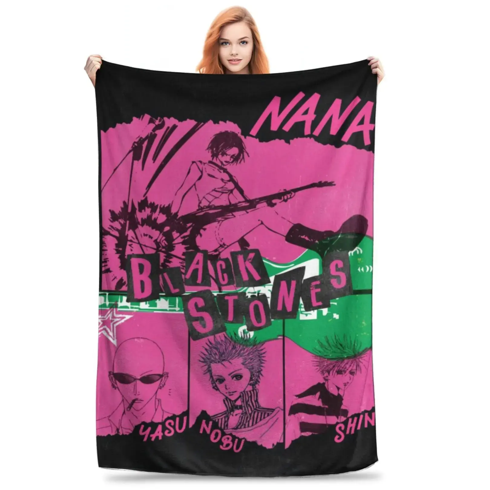 NANA Anime Black Stones Punk Rock Cartoon Flannel Throw Blanket Soft Lightweight Cozy All Season Blanket For Sofa Bed Office Travel Anime Fan Bedroom Decor Holiday Birthday Teen Girl Fan Gift Blanket