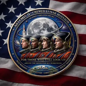 Lunar Exploration Mission Commemorative Coin 2026, Artemis II Lunar Mission Commemorative Coin, 2026 Silver-Plated Space Memorabilia, USA Semiquincentennial Medal Coin | 250th Anniversary American Collectible