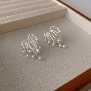 Elegant Silver Firework Pearl Tassel Clip On Earrings for Women, 18K White Gold Plated Waterfall Dangle No Piercing Earrings, French Bridal Wedding Tarnish Resistant Fashion Jewelry