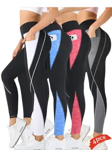 4PCS Women's High-Waisted Patchwork Yoga Pants with Pockets, Sporty Tight-Fitting Outdoor Workout Leggings for All Seasons