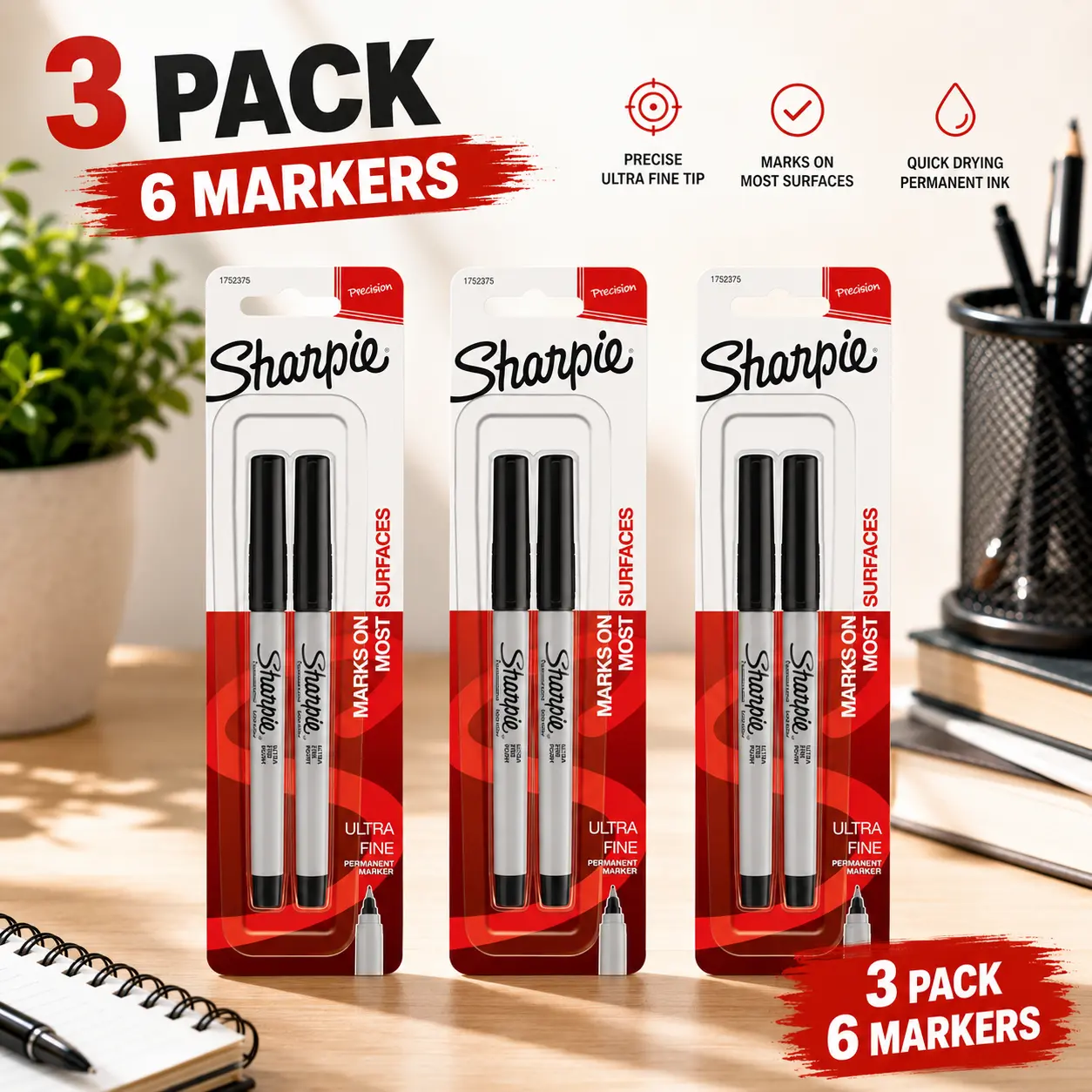 Sharpie Permanent Markers, Ultra-Fine Point, Black, 3-Pack (6 Total Count) for Home & Office Stationery Supplies