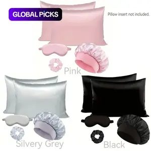 Satin Soft Sleep Set, Including 2pcs Silky Pillowcases, 1pc Breathable Hair Bonnet, 1pc Adjustable Weighted Sleep Eye Mask and 1pc Hair Scrunchie, Simple and Comfortable Bedding Sleep Aid Set, Sleeping Eye Mask #GLOBAL PICKS