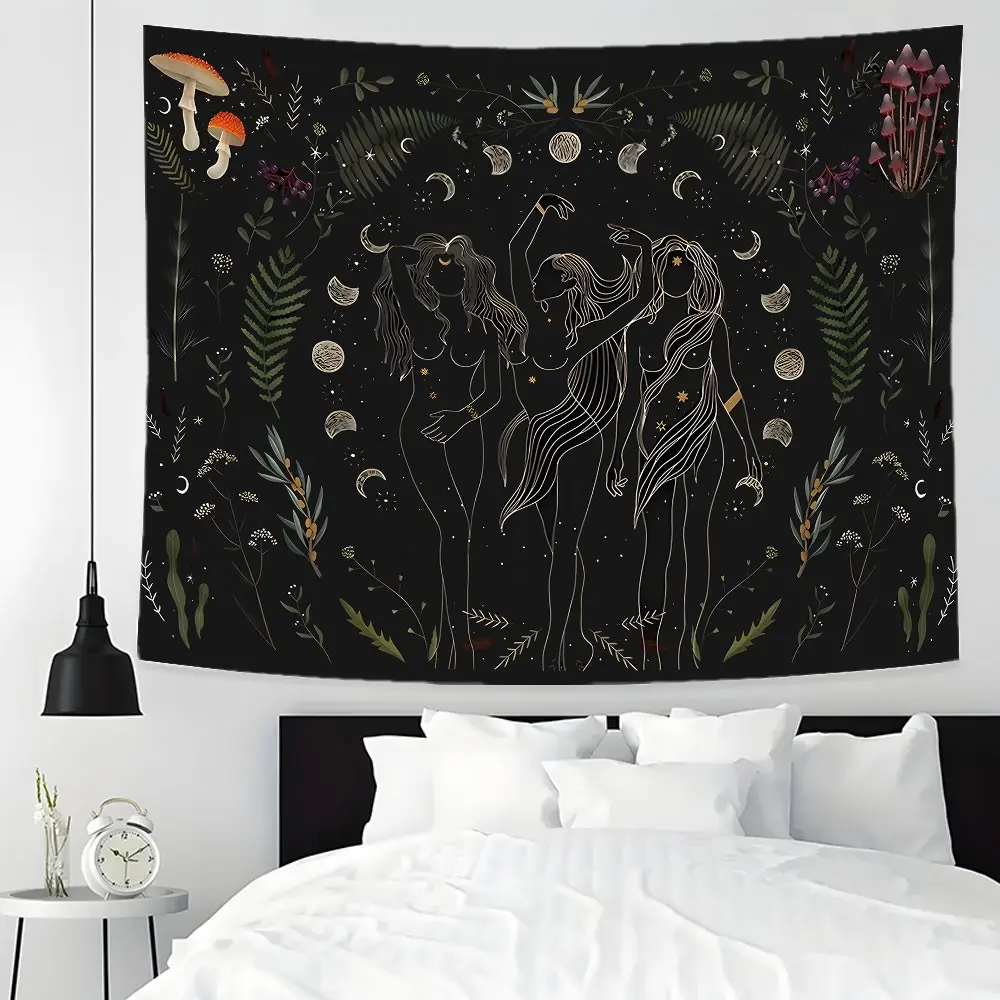 Triple Moon Goddess Large Tapestry,Celestial Botanical Mushroom Wall Hanging,Dark Academia Aesthetic Wall Decor,Multiple Sizes,Easy To Clean Maintain,Home Decor For Living Room Bedroom Dorm Party,Great Gift For Spiritua Enthusiasts Family And Friends