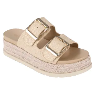 Women's Sandals Open Toe Slip On Buckle Strap with Platform Heel Beige Comfortable Summer Shoes