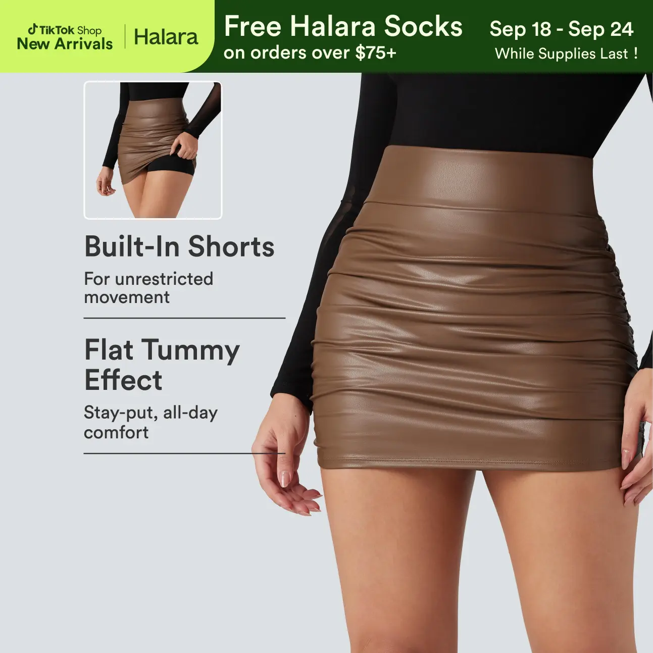 Halara High Waisted Tummy Control Ruched Curved Hem 2-in-1 Fleece PU Mini Bodycon Skirt