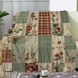 Comfortable Patchwork Floral and Plaid Flannel Blanket - Soft, Warm, Cozy, with Tassel Embellishments, Perfect for Sofa, Bed, Car, Office, Camping, Travel - Versatile All-Season Gift, Multiple Colors, fuzzy soft cozy exquisite blanket
