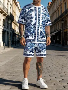 Men's Blue-And-Chinese Porcelain Graphic Print Short Sleeve Set, Casual Summer Two-Piece, Trendy Fashion Men's Clothing
