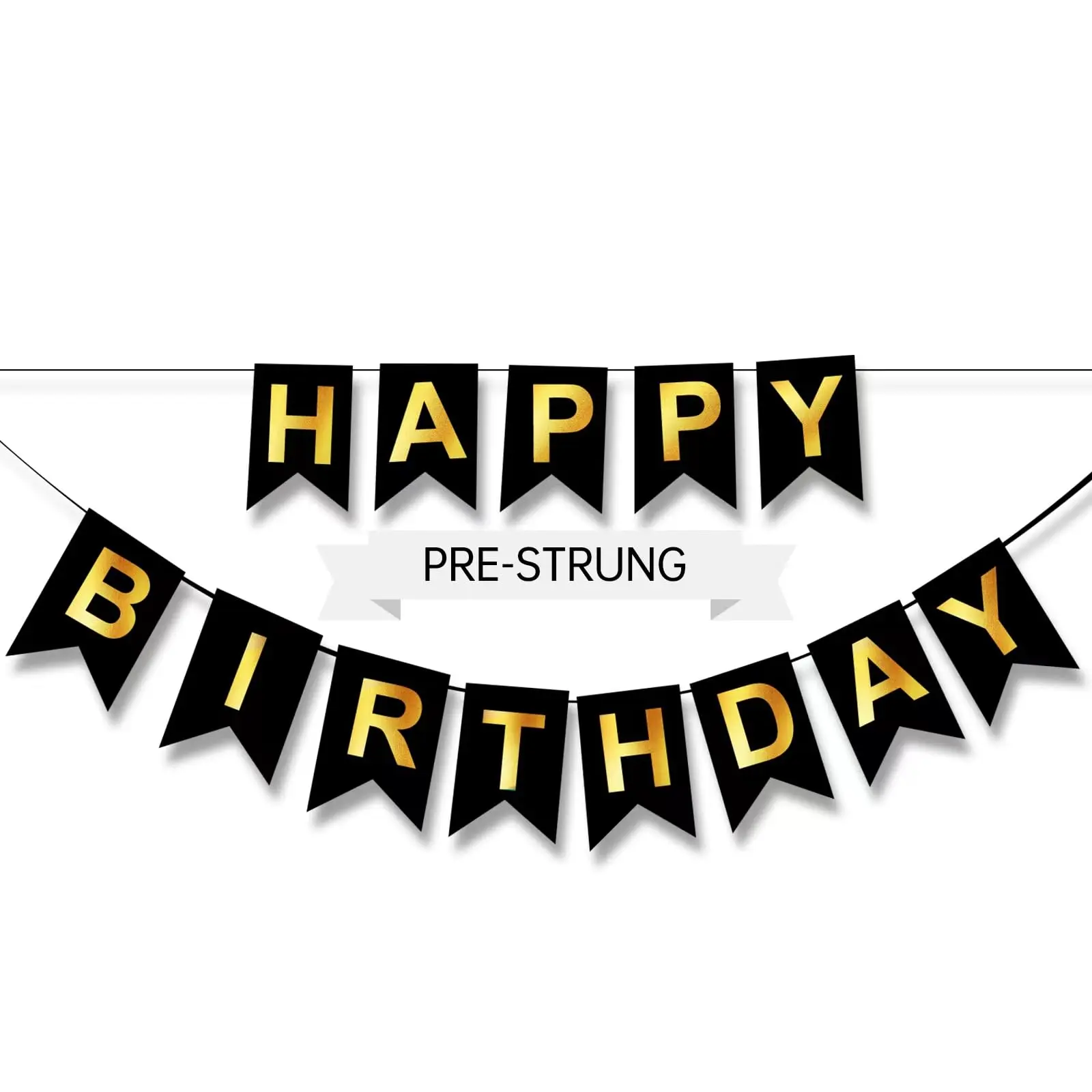Happy Birthday Banner, Black and Gold Pre-Strung 16ft Party Decoraioon for Boys, Girls, and Women