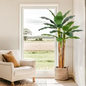 Artificial Banana Tree, 6FT Faux Banana Tree with Grey Planter, Artificial Plants with 21 Faux Banana Leaves Plant for Home Office Decor