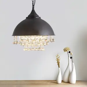 Rustic Chandelier Loft Pendant Light Vintage Industrial Crystal Ceiling Lamp E27 Iron Lampshade Elegant Beads Adjustable Chain 151cm Height 320mm Diameter