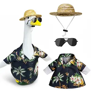 3 Pcs/set Hawaiian Porch Goose Outfit Summer Vacation Lawn Goose Clothes with Tropical Navy Blue Shirt Straw Hat & Sunglasses Fits 17"-23in" Yard Statues (Goose Not Included)
